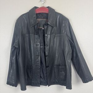 Women’s Nomada Leather Collared Button Down Jacket Pockets Black XL
